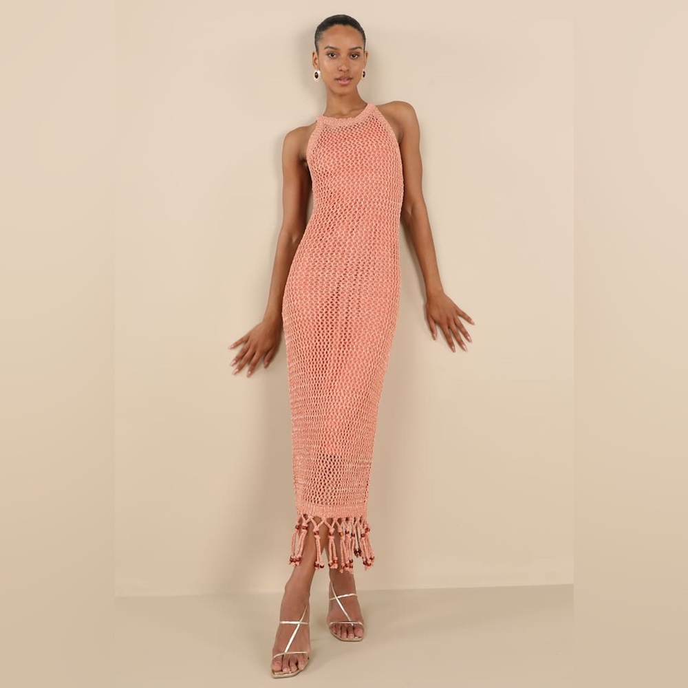 Lulu's Coral Crochet Maxi Dress